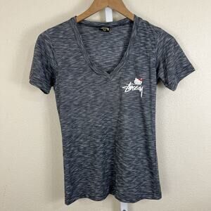 Stussy Hello Kitty 2009 Rare Graphic Tee Gray V Neck Made USA XS From Japan RARE